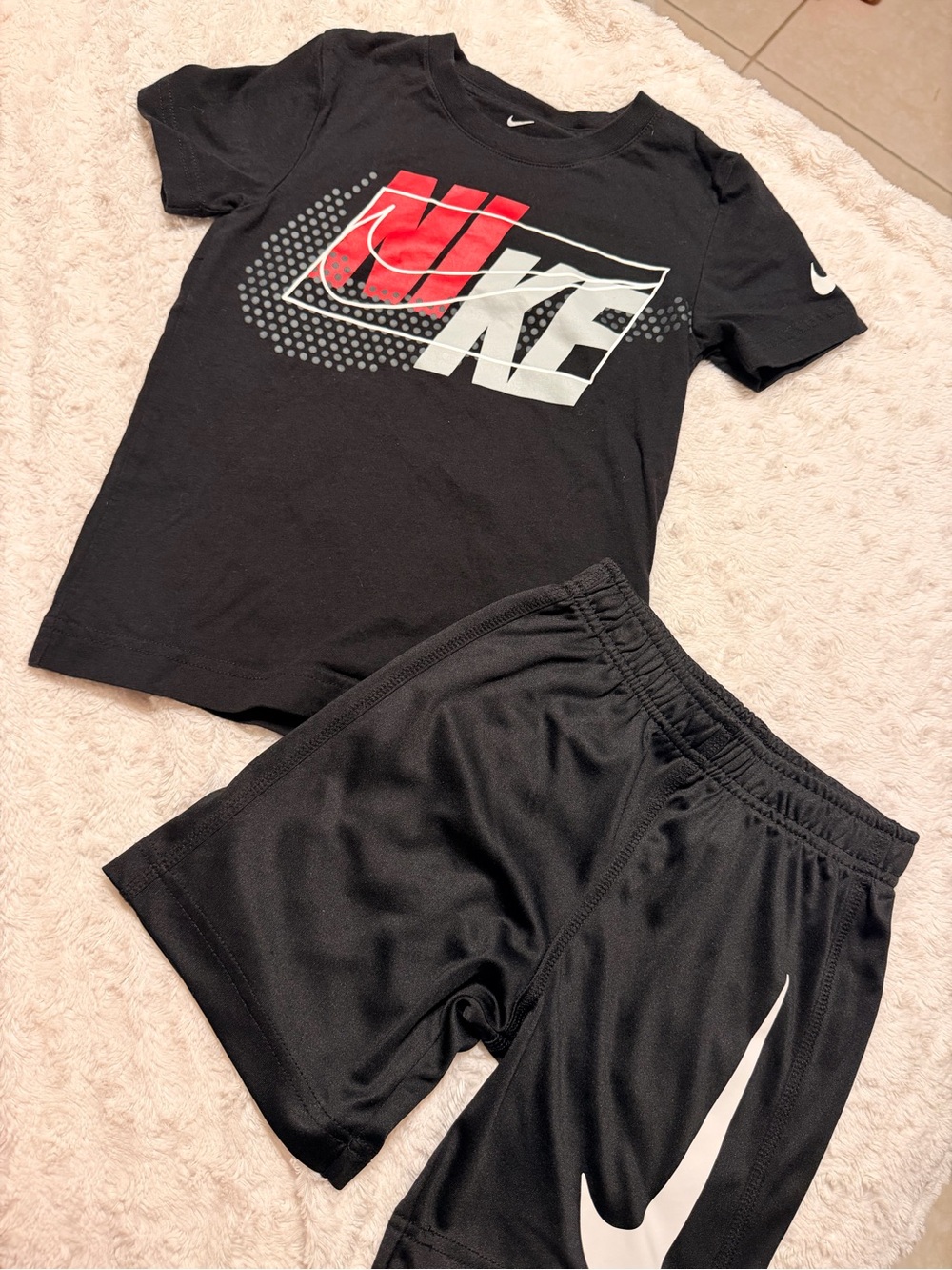 Nike Black Tee & Shorts Set with White Swoosh and Red Accent